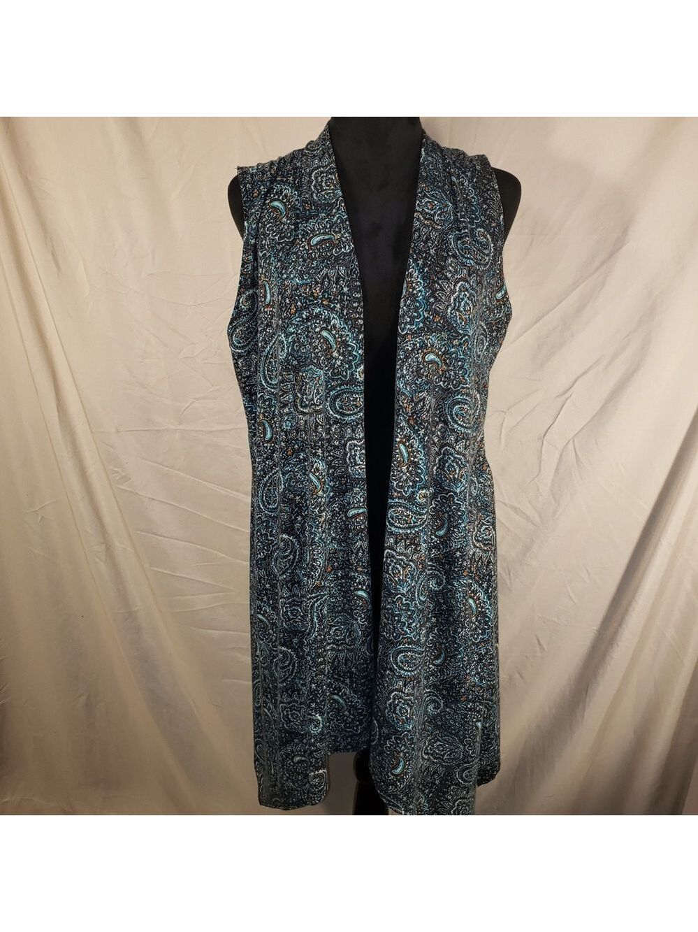 Azules Paisley Open Front Duster Vest in Teal and Black - M